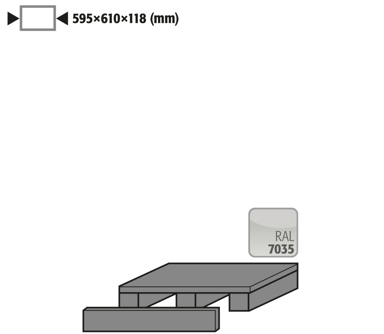 Transportsockel Höhe = 100 mm für Sicherheitsschränke S90/S60, Stahl pulverbeschichtet Lichtgrau RAL 7035, Maße 595x610x118 mm Transportsockel Höhe = 100 mm für Sicherheitsschränke S90/S60, Stahl pulverbeschichtet Lichtgrau RAL 7035, Maße 595x610x118 mm