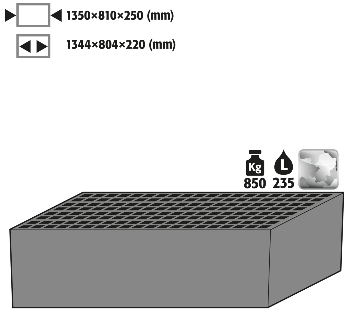 Bodenauffangwanne mit Gitterrost für Sicherheitsschränke XL90, verzinktes Stahlblech, Maße 1350x810x250 mm Bodenauffangwanne mit Gitterrost für Sicherheitsschränke XL90, verzinktes Stahlblech, Maße 1350x810x250 mm