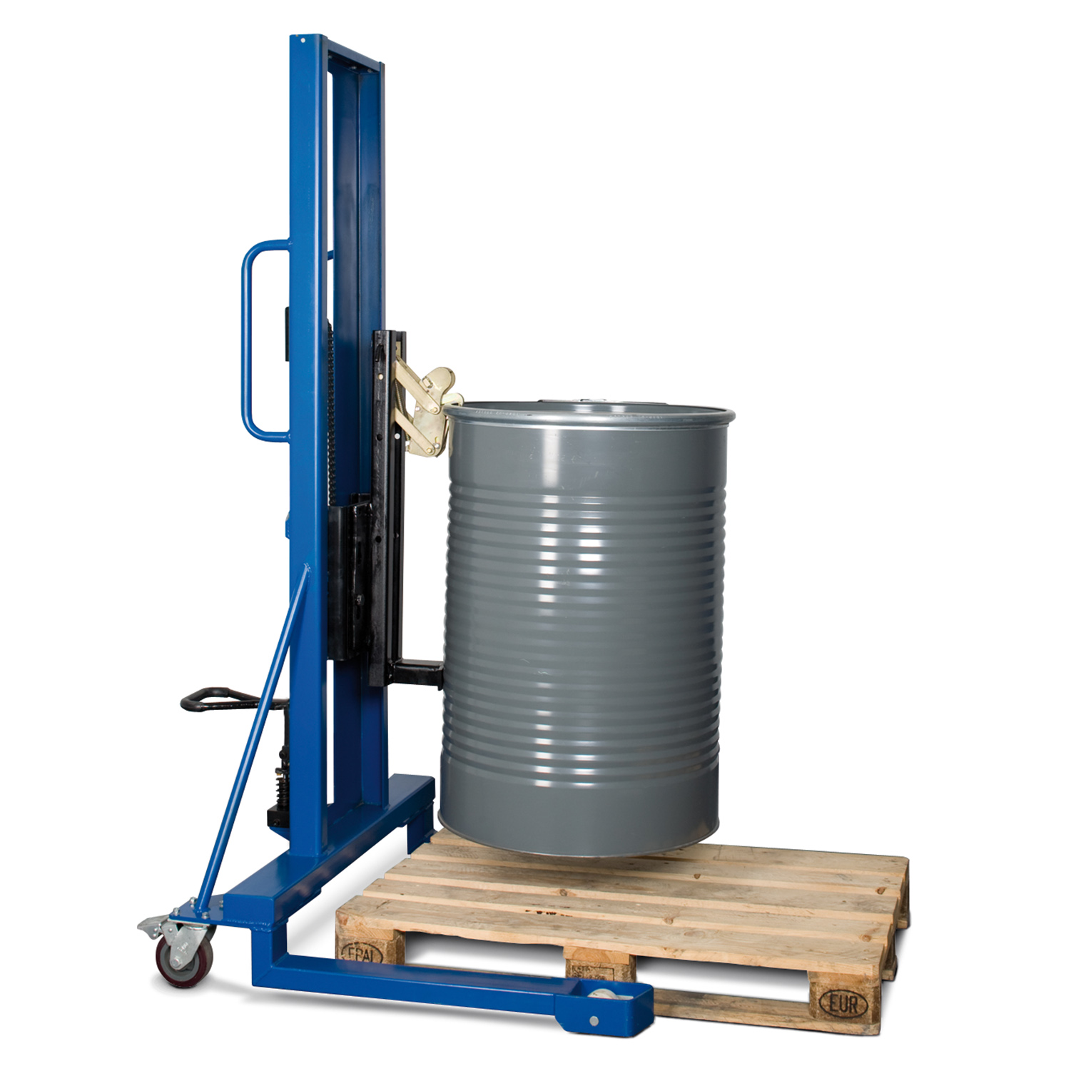 Fasslifter, Stahl pulverbeschichtet, Enzianblau RAL 5010, Maße 1200x1100x2135 mm Fasslifter, Stahl pulverbeschichtet, Enzianblau RAL 5010, Maße 1200x1100x2135 mm