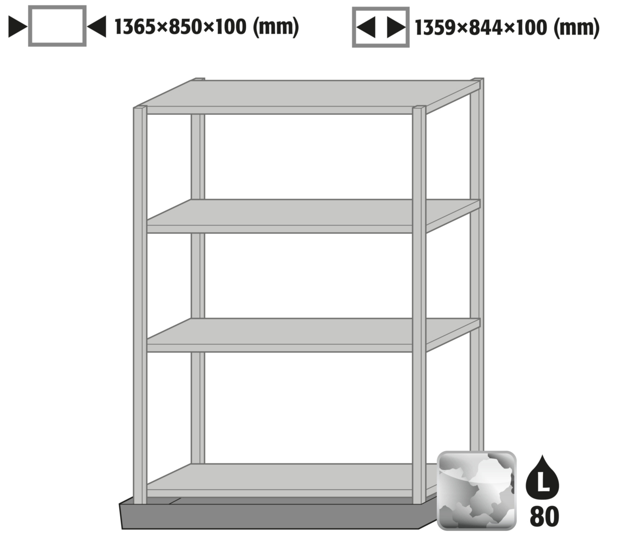 Bodenauffangwanne mit Regal (4 Böden, Tiefe = 600 mm) für Sicherheitsschränke XL90, verzinkter Stahl, Maße 1365x850x100 mm