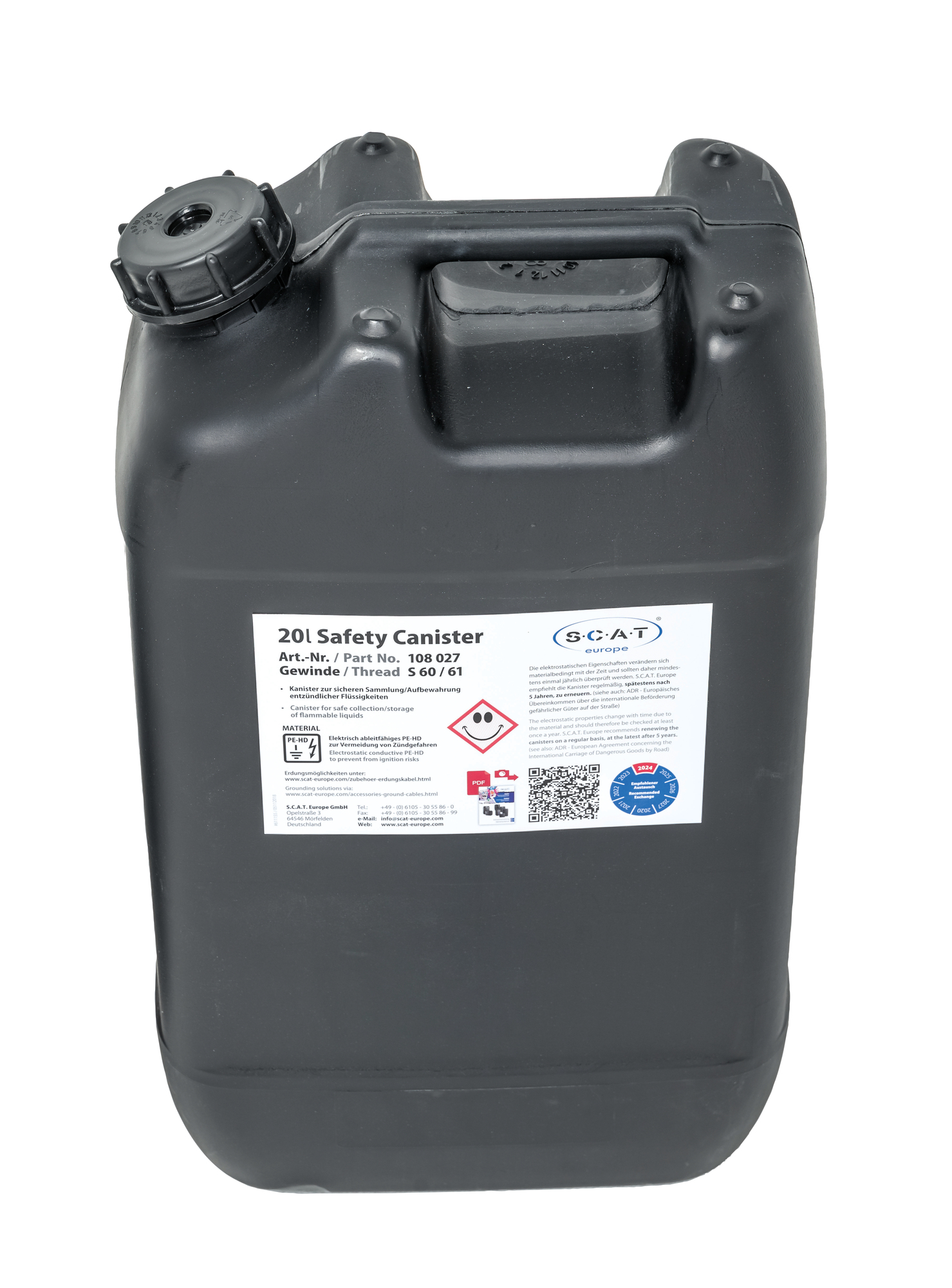 Kanister, Polyethylen leitfähig, Inhalt 20,00Liter, Maße 185x290x500 mm Kanister, Polyethylen leitfähig, Inhalt 20,00Liter, Maße 185x290x500 mm