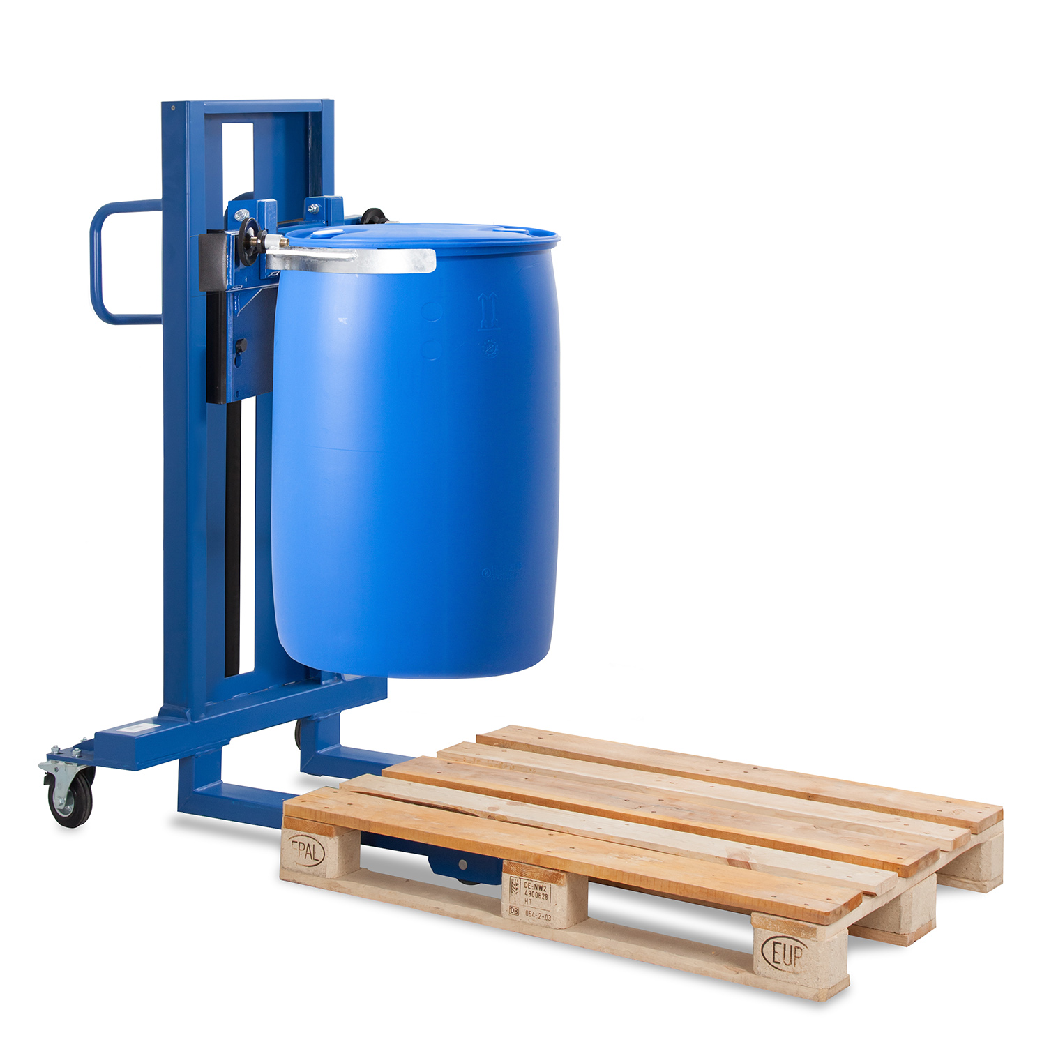 Fasslifter, Stahl pulverbeschichtet, Enzianblau RAL 5010, Maße 830x1140x1605 mm