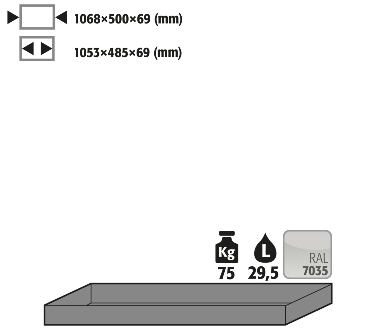 Wannenboden Standard für Sicherheitsschränke S30, pulverbeschichtetes Stahlblech Lichtgrau RAL 7035, Maße 1068x500x69 mm