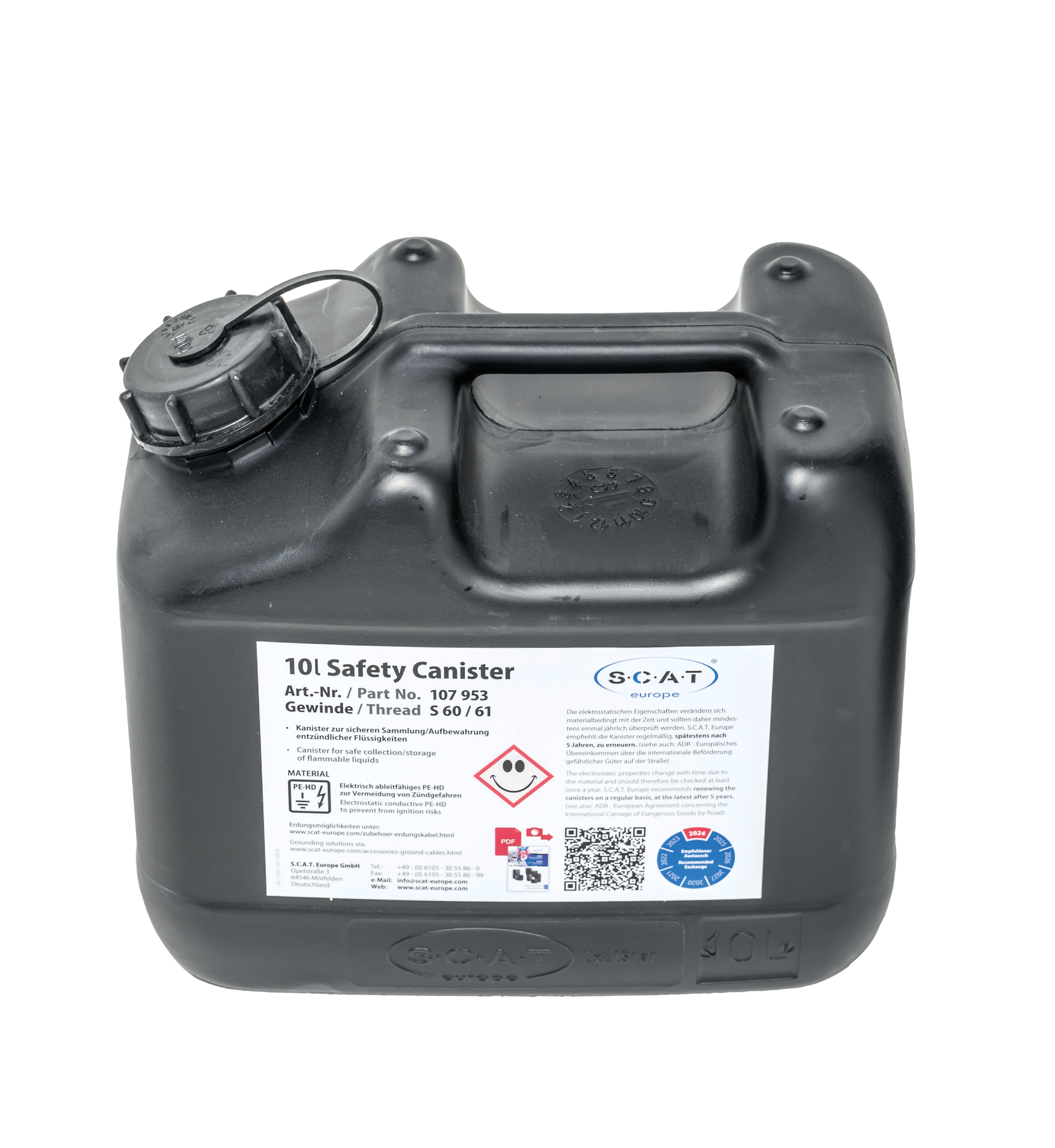 Kanister, Polyethylen leitfähig, Inhalt 10,00Liter, Maße 185x290x265 mm