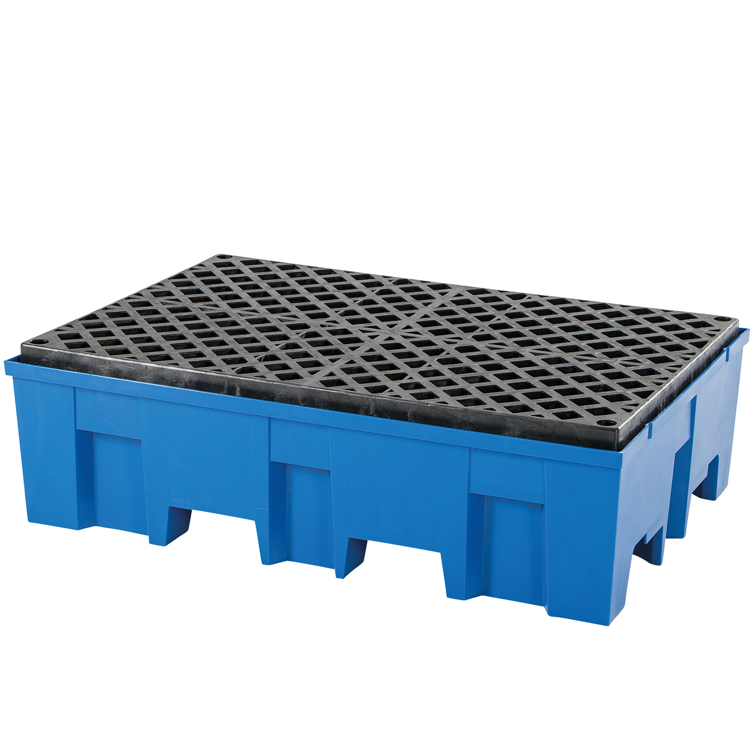 Auffangwanne mit PE-Gitterrost, PE Blau, für 2 x 200-L-Fass, Maße 865x1245x375 mm Auffangwanne mit PE-Gitterrost, PE Blau, für 2 x 200-L-Fass, Maße 865x1245x375 mm